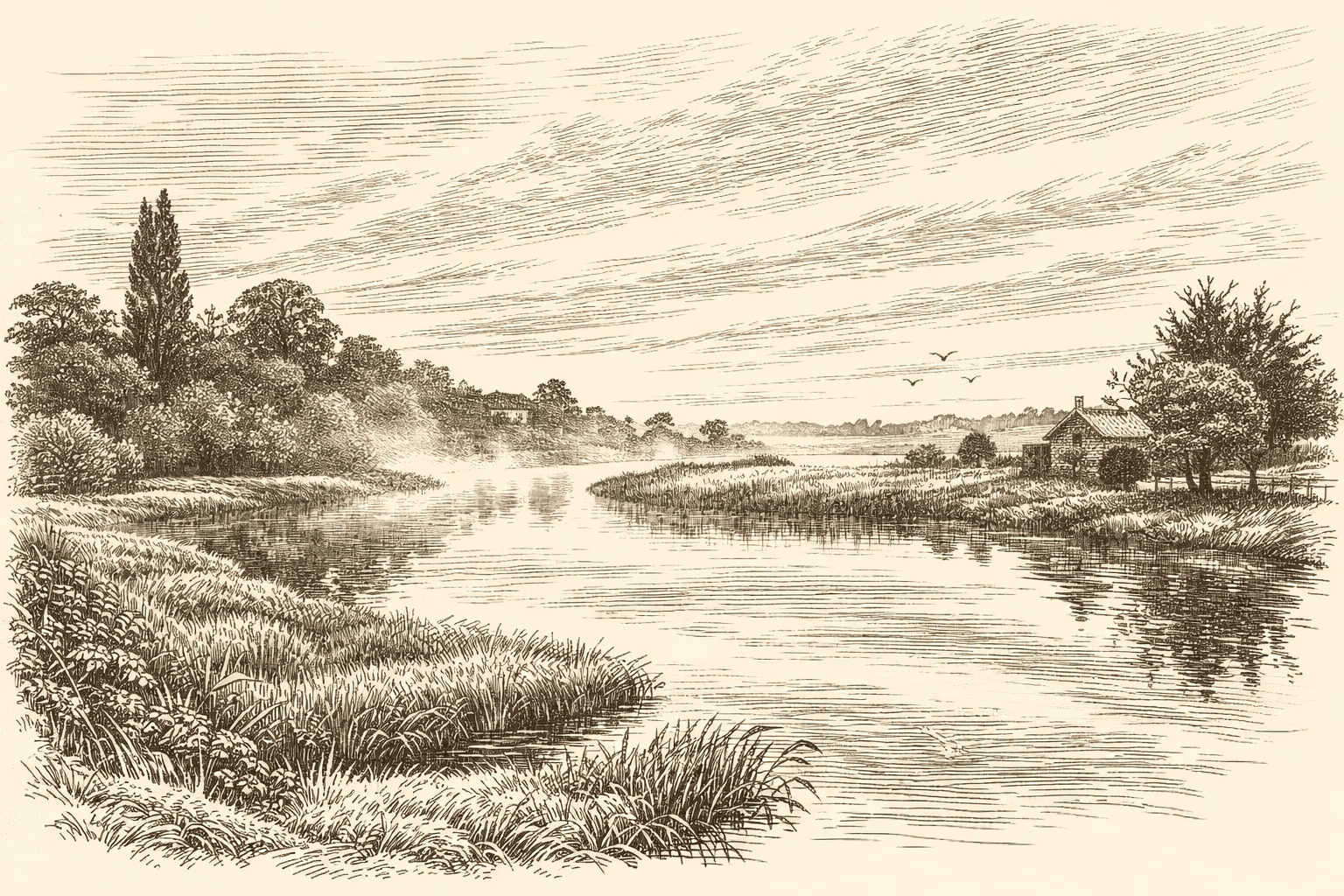 Vintage engraving illustration of the River Clyst